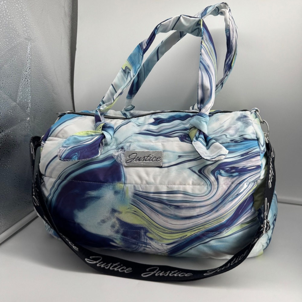 Justice Girls Quilted Puffer Duffle Bag Blue Purple Marble Swirl NWOT